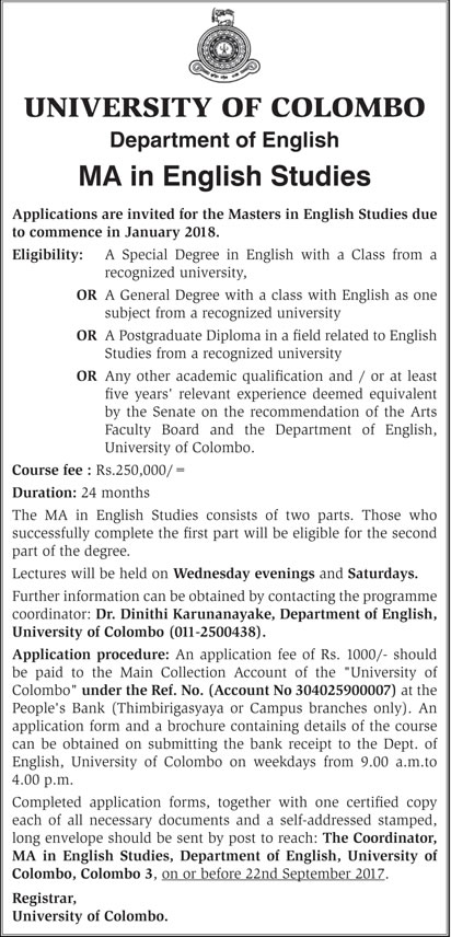 MA in English Studies - Department of English - University of Colombo